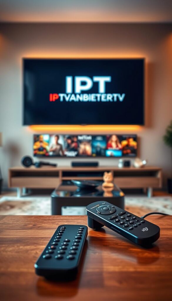 A modern living room with a large flat-screen TV prominently displayed, showcasing the IPTVANBIETERTV logo. The room is bathed in a warm, cinematic lighting, creating a cozy and inviting atmosphere. In the foreground, a sleek remote control and a streaming device, representing the seamless integration of IPTV technology. The middle ground features a variety of movie posters and artwork, hinting at the vast library of film content available through the IPTV service. The background is softly blurred, creating a sense of depth and focus on the central elements. The overall scene conveys the revolutionary impact of IPTV on the film-streaming experience, catering to modern entertainment needs.