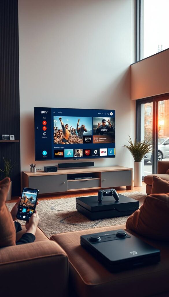 A modern living room with a large flat-screen television displaying the IPTVANBIETERTV interface. Various electronic devices, such as a smartphone, tablet, and gaming console, are arranged around the room, all connected to the IPTV service. The room is well-lit, with warm, natural lighting filtering in through large windows. The overall atmosphere is one of technological integration and seamless entertainment experience across multiple devices.