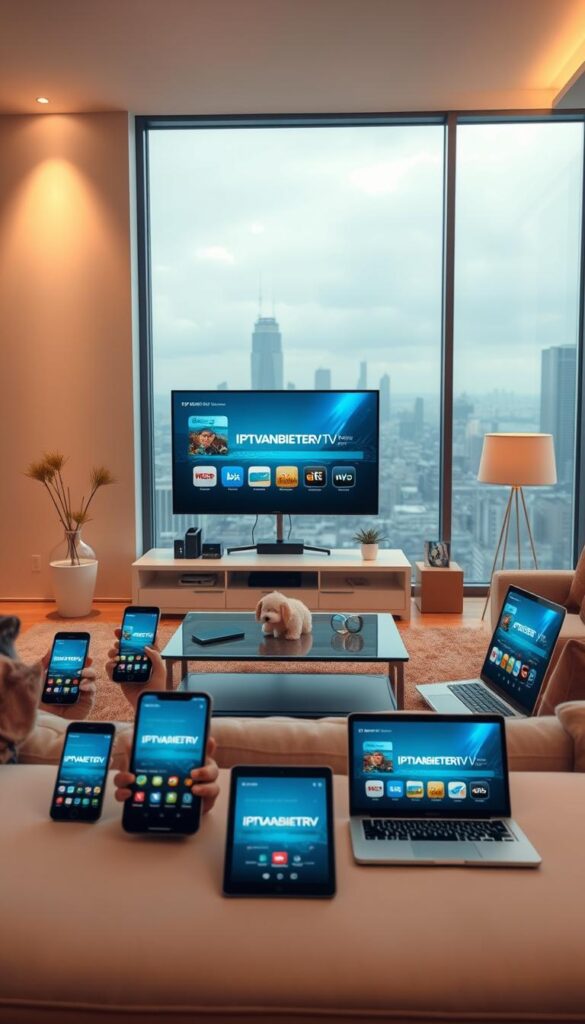 A modern living room with a large flatscreen TV displaying various streaming apps, including IPTVANBIETERTV. Smartphones, tablets, and a laptop are arranged around the room, all connected and showing the same IPTV content. Soft, warm lighting creates a cozy atmosphere, while large windows offer a view of a city skyline in the background. The room is decorated with minimalist, contemporary furniture, giving it a sleek, tech-savvy aesthetic. The overall scene conveys the idea of seamless, multi-device IPTV enjoyment.