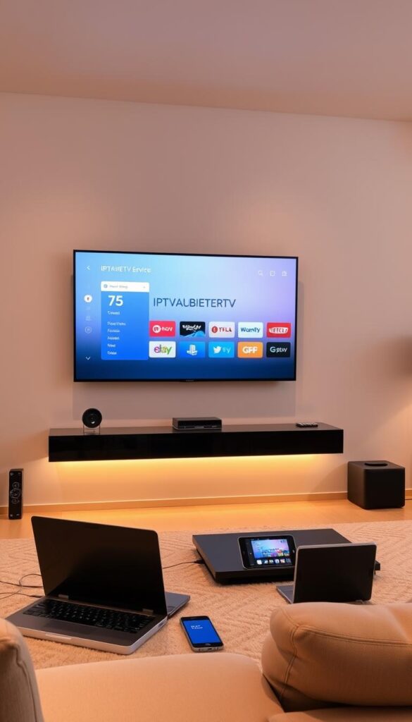 A modern living room with a large flatscreen TV mounted on the wall, displaying the IPTVANBIETERTV interface. Multiple devices such as a laptop, tablet, and smartphone are arranged around the room, all connected to the IPTV service. Soft, warm lighting illuminates the scene, creating a comfortable and immersive viewing experience. The devices are seamlessly integrated, showcasing the multi-device support and flexibility of the IPTV service. The room's decor is minimalist and contemporary, allowing the technology to take center stage.
