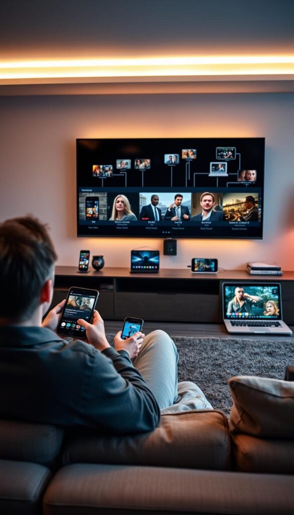 A modern living room with a large flatscreen TV mounted on the wall, displaying various devices connected to it, including smartphones, tablets, and a laptop. The room is bathed in warm, ambient lighting, creating a cozy and inviting atmosphere. In the foreground, a person is seated on a comfortable couch, effortlessly switching between the connected devices, enjoying a seamless IPTV experience from IPTVANBIETERTV. The overall scene conveys the concept of "Multigeräte-Unterstützung IPTV" - the ability to access and control IPTV content across multiple devices, providing a consistent and convenient viewing experience.