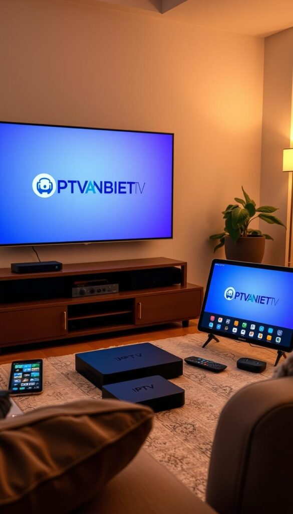 A modern living room with a large flatscreen TV, surrounded by various smart devices such as a tablet, smartphone, and streaming box. The TV displays the IPTVANBIETERTV logo, showcasing the seamless integration of IPTV across multiple devices. The room is well-lit, with warm, soft lighting creating a cozy and inviting atmosphere. The overall scene conveys the convenience and flexibility of IPTV, allowing users to enjoy their favorite content on any device, anywhere in the home.