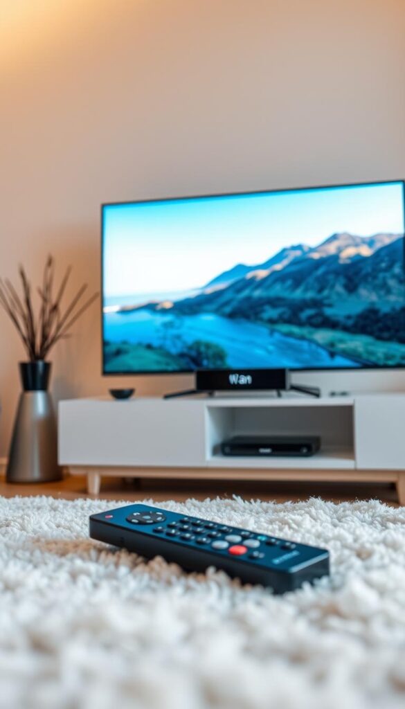 A modern living room with a sleek IPTVANBIETERTV box prominently displayed on a minimalist TV stand. Soft, warm lighting casts a cozy glow, highlighting the device's clean, minimalist design. In the foreground, a remote control rests on a plush rug, emphasizing the ease of use. The middle ground features a large, high-definition TV screen displaying a clear, vibrant image, suggesting the exceptional video quality. The background depicts a neutral, uncluttered wall, allowing the IPTVANBIETERTV setup to take center stage. The overall atmosphere conveys simplicity, comfort, and the seamless integration of technology into the modern home.