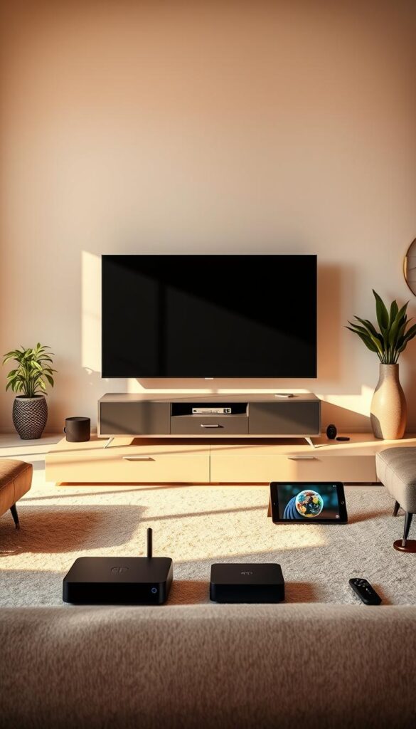 A modern living room with a sleek, minimalist design. In the center, a large flatscreen TV stands proudly, surrounded by various IPTV devices, including a IPTVANBIETERTV set-top box, a compact streaming device, and a tablet. The room is flooded with warm, natural lighting, creating a cozy and inviting atmosphere. The devices are arranged in a way that suggests seamless integration and flexibility, allowing the user to enjoy high-quality, HD entertainment on any screen. The scene conveys a sense of effortless, immersive TV viewing, capturing the essence of the "Flexibler TV-Genuss auf allen deinen Geräten" section of the article.