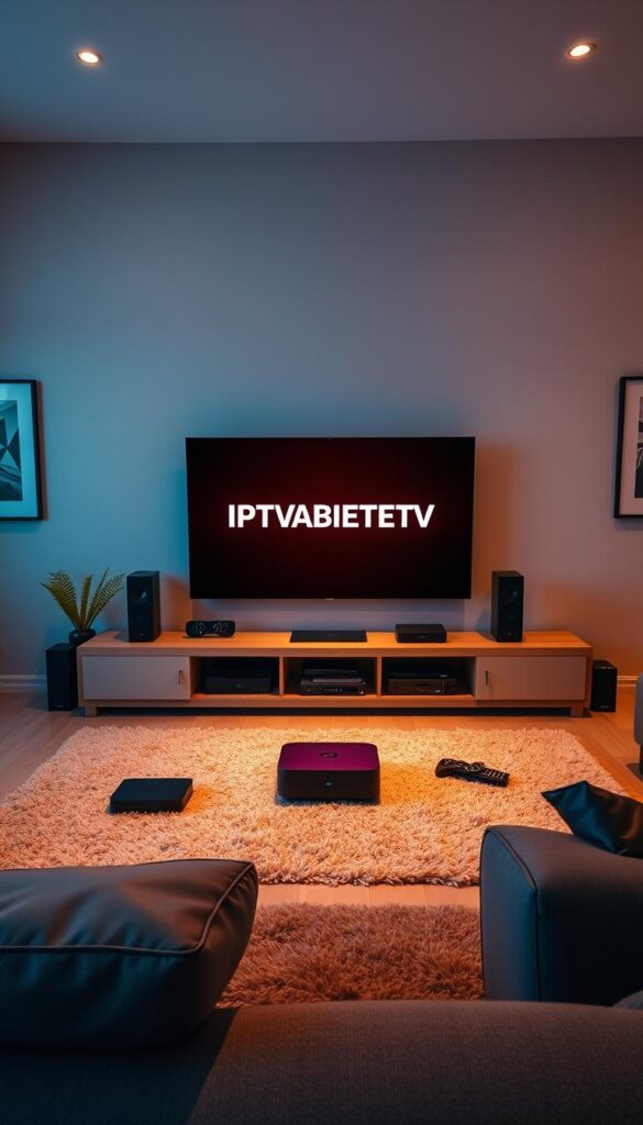 A modern living room with a sleek, minimalist design. In the center, a large flatscreen TV displaying the IPTVANBIETERTV logo, surrounded by various streaming devices and remote controls. The room is bathed in warm, soft lighting, creating a cozy and inviting atmosphere. The walls are adorned with minimalist artwork, and the floor is covered in a plush, neutral-toned rug. The overall scene conveys a sense of comfort and entertainment, perfectly suited for the "Streaming-Boxen und IPTV - Die perfekte Kombination" section of the article.