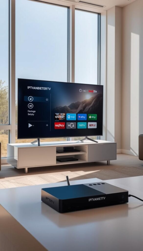 A modern living room with a sleek smart TV displaying the IPTVANBIETERTV interface. Sunlight streams through large windows, casting a warm glow over the room. On a minimalist media stand, a streaming device connects to the TV, ready for easy IPTV setup. The room's neutral tones and clean lines create a serene, tech-savvy atmosphere, inviting the viewer to immerse themselves in the intuitive IPTV experience.