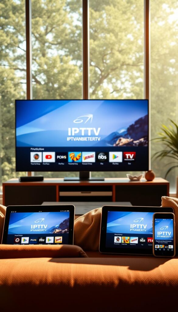A modern living room with a stylish flat-screen TV, a laptop, a tablet, and a smartphone all displaying the IPTVANBIETERTV interface. The room is bathed in warm, natural lighting from large windows, creating a cozy and inviting atmosphere. The devices are arranged in a visually appealing way, showcasing the seamless integration of IPTV across multiple devices. The scene conveys the convenience and flexibility of using IPTV on various screens, allowing the viewer to imagine the experience of enjoying IPTV content on different devices within the home.