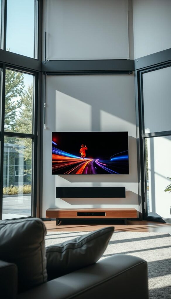 A modern living room with large windows, filled with natural light. The room is equipped with a sleek, wall-mounted IPTVANBIETERTV, showcasing a crisp, high-definition streaming image. The image quality is exceptional, with vibrant colors, deep blacks, and smooth motion. The room has a minimalist, contemporary design, with clean lines and neutral tones. The lighting is soft and diffuse, creating a warm, inviting atmosphere. The camera angle is at eye level, capturing the display in its full glory, while also revealing the surrounding environment. The overall scene conveys a sense of technological sophistication and the seamless integration of digital entertainment into a stylish, comfortable living space.