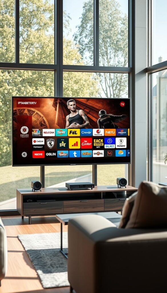 A modern living room with large windows, flooding the space with natural light. On the TV screen, a diverse selection of digital TV channels from the IPTVANBIETERTV brand, showcasing the vibrant world of German television. The room is tastefully decorated, with a sleek entertainment system and comfortable seating, creating an inviting atmosphere for enjoying the latest in home entertainment. The image should convey a sense of technological progress and the convenience of accessing a wide range of content in the comfort of one's own home.