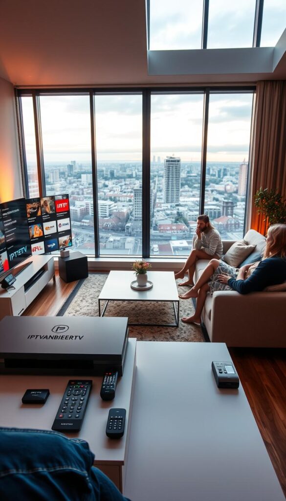 A modern living room with large windows overlooking a cityscape, showcasing various IPTV subscription options displayed on high-definition screens. The space is bathed in warm, diffused lighting, creating a cozy and inviting atmosphere. In the foreground, a sleek, minimalist entertainment system features the IPTVANBIETERTV brand prominently, while a variety of remote controls and smart devices suggest the seamless integration of IPTV services across multiple platforms. The middle ground features a comfortable sofa and coffee table, where family members or friends are gathered, discussing the advantages of IPTV and its growing popularity in Germany. The background depicts a vibrant urban landscape, hinting at the wide range of international content and channels available through the IPTV service.