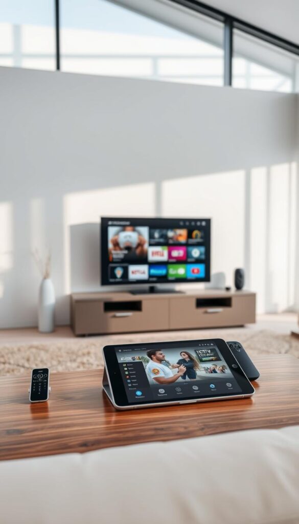 A modern living room with multiple devices connected to a high-quality IPTV service. The room is bright and airy, with large windows letting in natural light. On the coffee table, a tablet and a smartphone are displaying different IPTV channels, while a smart TV on the wall showcases another channel. The atmosphere is relaxed and inviting, reflecting the flexibility and convenience of using IPTVANBIETERTV across multiple devices simultaneously. The room has a sleek, minimalist design, with clean lines and neutral tones that complement the technology seamlessly.