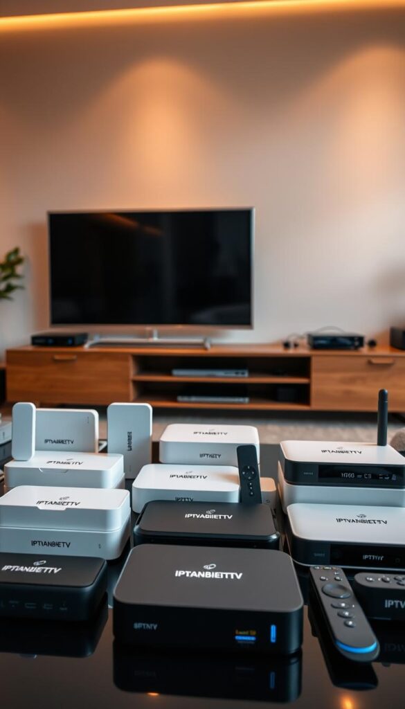 A modern living room with sleek IPTV devices prominently displayed. An array of various set-top boxes, streaming sticks, and smart TVs with the IPTVANBIETERTV brand logo clearly visible. The devices are arranged in an aesthetically pleasing manner, showcasing their minimalist design and connectivity options. Warm, indirect lighting illuminates the scene, creating a cozy and inviting atmosphere. The background features a neutral-toned wall, allowing the IPTV equipment to take center stage. The overall composition conveys a sense of flexibility, technology, and the convenience of a multi-device IPTV setup.
