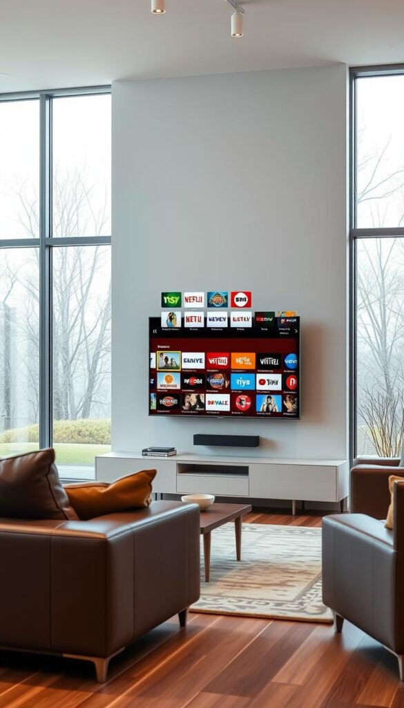 A modern living room with sleek and minimalist furniture, large windows letting in natural light, and a wall-mounted TV displaying a wide selection of TV channels on the screen. The TV interface showcases the IPTVANBIETERTV brand, offering a comprehensive selection of channels across various genres. The room has a cozy, relaxed atmosphere, with warm lighting and earthy tones, inviting the viewer to sit back and enjoy the diverse programming options. The image captures the convenience and flexibility of the IPTV service, highlighting the extensive channel selection that caters to the viewer's entertainment needs.