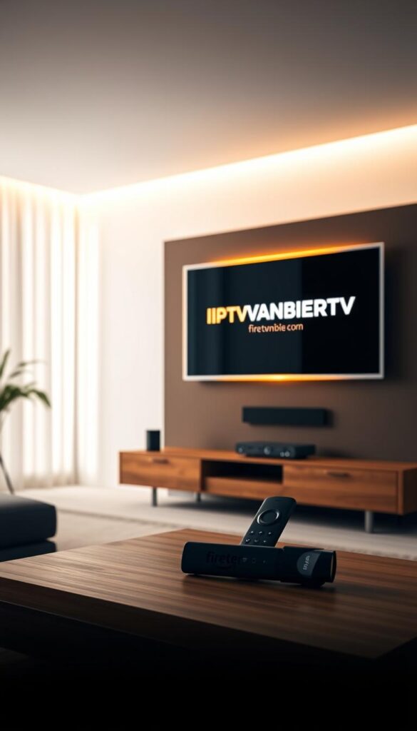 A modern living room with sleek, minimalist design. A large flat-screen TV mounted on the wall displays the IPTVANBIETERTV logo, casting a warm glow across the room. In the foreground, a Fire TV Stick rests on a minimalist wooden entertainment center, ready to unlock the full potential of the IPTV service. The scene is bathed in soft, indirect lighting, creating a cozy and inviting atmosphere. The room is sparsely furnished, with clean lines and neutral tones that allow the technology to take center stage. The overall impression is one of seamless integration between the digital and physical worlds, enabling effortless access to a world of entertainment.