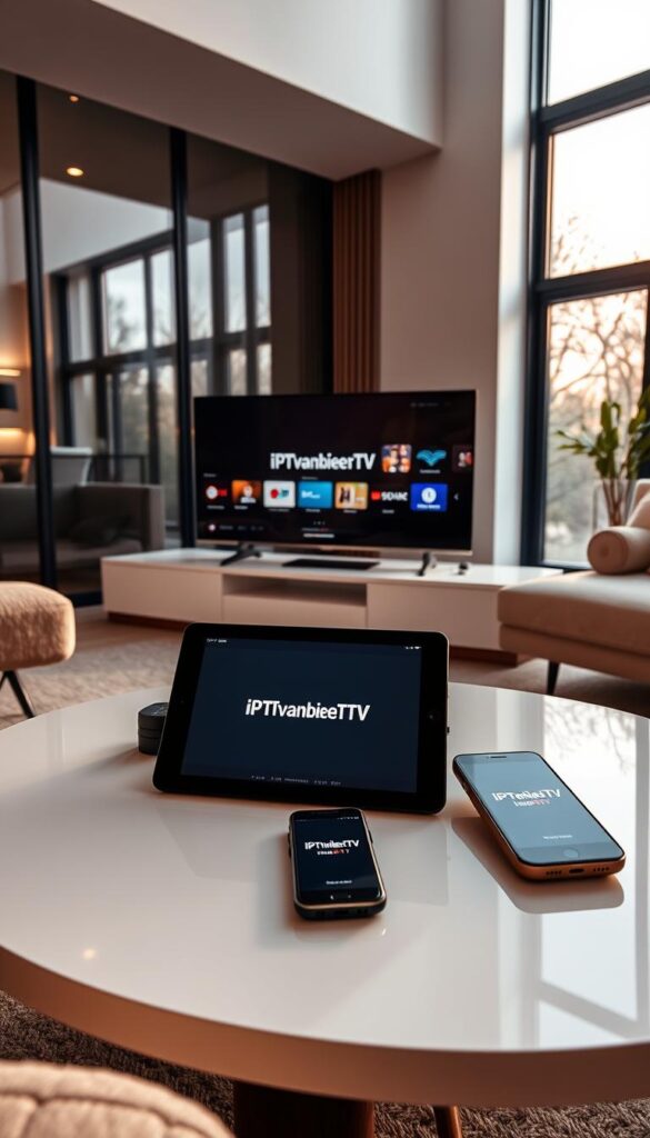A modern living room with sleek, minimalist furniture and large windows allowing natural light to flood the space. On a coffee table, an array of devices including a smart TV, tablet, and smartphone, all connected and displaying the IPTVANBIETERTV brand logo. The room has a warm, cozy atmosphere, with subtle ambient lighting and soft textures creating a welcoming ambiance. The devices are showcased in a way that highlights their seamless integration, suggesting the convenience of accessing TV content across multiple platforms.