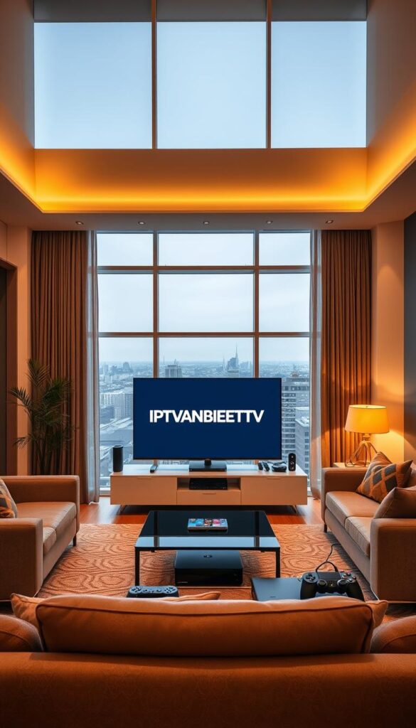A modern living room with sleek, minimalist furniture and large windows overlooking a cityscape. The room is illuminated by warm, soft lighting, creating a cozy and inviting atmosphere. In the center of the room, a flat-screen television is displaying the IPTVANBIETERTV logo, showcasing the benefits of IPTV compared to traditional TV services. The television is surrounded by various devices, such as a streaming box, a gaming console, and a smart home hub, highlighting the versatility and integration of IPTV technology. The overall scene conveys the convenience, flexibility, and technological advancements of IPTV as a superior alternative to traditional television.
