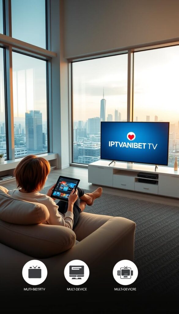 A modern living room with sleek, minimalist furniture and large windows overlooking a city skyline. In the foreground, a person relaxing on a comfortable couch, casually browsing content on a tablet. Beside them, a smart TV displays the IPTVANBIETERTV logo, showcasing the service's multidevice support. Soft, warm lighting creates a cozy, inviting atmosphere, while the city view in the background suggests the flexibility and freedom of watching TV across devices. The scene conveys the convenience and versatility of IPTVANBIETERTV, allowing users to seamlessly transition between devices for an uninterrupted viewing experience.