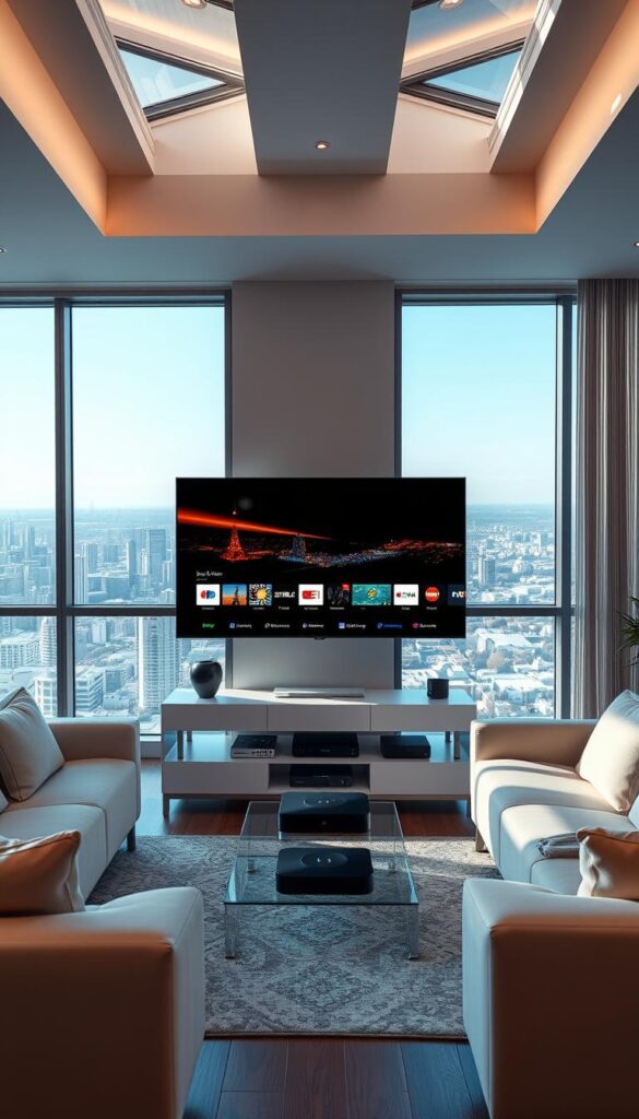 A modern living room with sleek, minimalist furniture and large windows overlooking a scenic cityscape. The room is bathed in warm, natural lighting from overhead skylights. In the center, a state-of-the-art IPTVANBIETERTV smart TV displays crisp, high-definition content. Surrounding the TV, various entertainment devices and streaming boxes are neatly arranged. The atmosphere is one of comfort, convenience, and technological sophistication. The room embodies the advantages of IPTV over traditional cable or satellite TV - greater content flexibility, seamless integration with other devices, and an enhanced viewing experience.