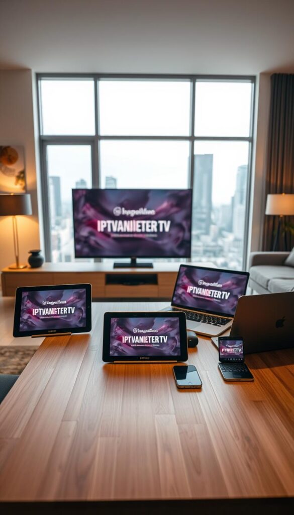 A modern living room with various digital devices - a smart TV, tablet, laptop, and smartphone - all displaying the IPTVANBIETERTV interface. The devices are arranged neatly on a minimalist wooden table, bathed in warm, diffused lighting that creates a cozy, inviting atmosphere. The room features sleek, contemporary furnishings and large windows overlooking a cityscape, emphasizing the versatility and accessibility of IPTVANBIETERTV across multiple platforms and settings.