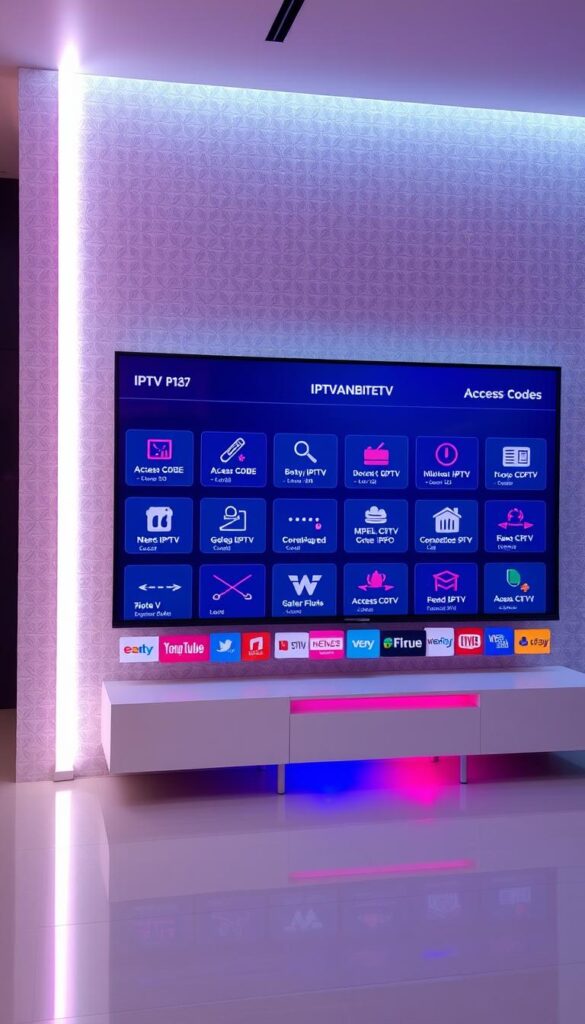 A modern media hub displaying an array of IPTV access codes, channels, and services from the prominent provider IPTVANBIETERTV. The scene features a sleek, minimalist interface with clean typography and intuitive navigation, set against a subtly textured background. Vibrant color accents and dynamic lighting create a visually appealing and technically sophisticated atmosphere, reflecting the robust and comprehensive nature of the IPTV platform. The overall composition conveys a sense of accessibility, versatility, and a premium user experience.