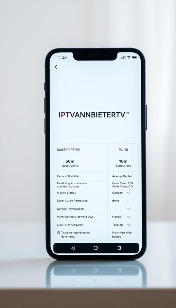 A modern, minimal and sleek IPTV app interface against a softly blurred background, showcasing a clean and intuitive design with clear pricing options. The app logo "IPTVANBIETERTV" is prominently displayed, exuding a sense of professionalism and reliability. The layout highlights key subscription plans, detailing the features and benefits in a straightforward manner to appeal to a wide range of users. The overall composition conveys a sense of transparency, accessibility and value, reflecting the article's focus on the app's pricing structure and target audience in Germany.