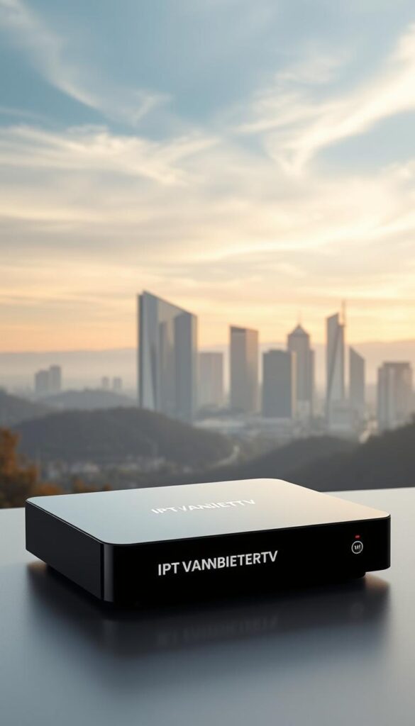 A modern, minimal landscape depicting the IPTVANBIETERTV brand. In the foreground, a sleek, high-tech IPTV set-top box sits prominently, its clean lines and subtle branding conveying a sense of quality and reliability. The middle ground features a stylized cityscape, with modern, angular buildings rendered in a muted color palette. In the background, a dramatic sky with soft, wispy clouds creates a sense of drama and sophistication. The overall composition is balanced and visually striking, capturing the essence of IPTVANBIETERTV as a leading IPTV provider in Germany. Soft, directional lighting and a slightly cinematic camera angle add depth and atmosphere to the scene.