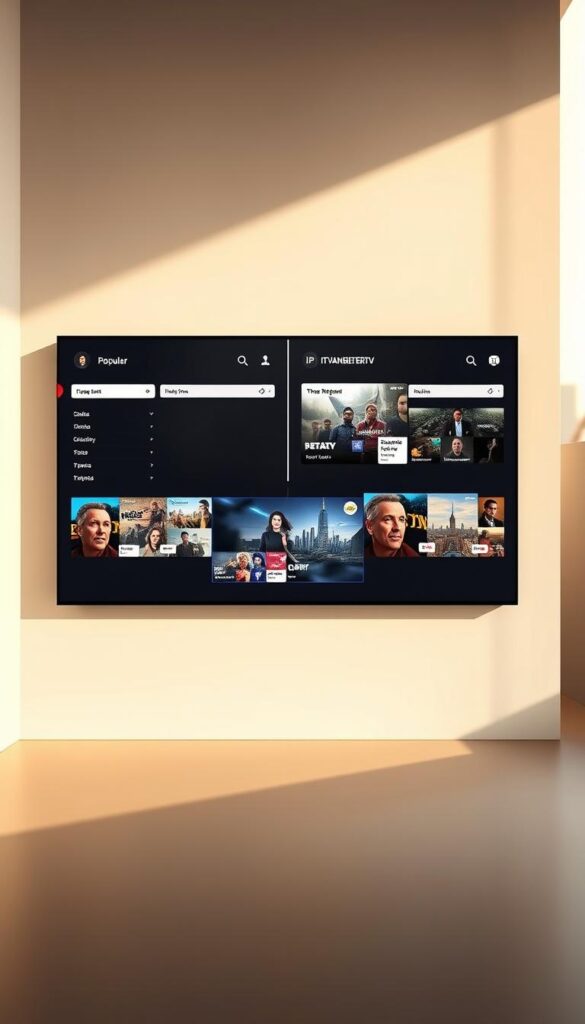 A modern, minimalist IPTV app comparison showcasing the superior features of IPTVANBIETERTV. A clean, well-designed user interface dominates the foreground, displaying side-by-side comparisons of popular IPTV apps. Subtle branding for IPTVANBIETERTV is seamlessly integrated. The middle ground features vivid, high-quality screenshots of the IPTVANBIETERTV app in use, highlighting its intuitive navigation and expansive channel selection. In the background, a soft, blurred cityscape creates a sense of urban sophistication. Warm, natural lighting enhances the professional, authoritative tone. Overall, the image conveys a sleek, contemporary aesthetic that underscores IPTVANBIETERTV's position as the leading IPTV provider.