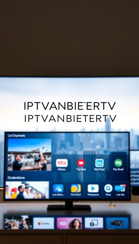 A modern, minimalist IPTV app interface with a clean, intuitive design. The app's home screen displays a curated selection of live TV channels, on-demand content, and personalized recommendations. The foreground features the IPTVANBIETERTV brand logo, rendered in a bold, contemporary font. The middle ground showcases a variety of device icons, indicating cross-platform compatibility. The background is a serene, out-of-focus cityscape, conveying a sense of global connectivity. The lighting is soft and diffused, creating a warm, inviting atmosphere. The camera angle is slightly elevated, providing an overview of the app's functionality and capabilities.