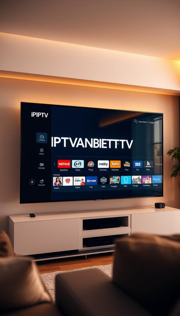A modern, minimalist IPTV interface displayed on a large, high-definition TV screen. The panel has a sleek, professional design with clean lines and a dark color scheme, showcasing the brand name "IPTVANBIETERTV" prominently. The interface features a grid of colorful channel logos, intuitive navigation menus, and a crisp, detailed display of program information. The scene is bathed in warm, soft lighting, creating a cozy, living room atmosphere. The camera angle is slightly elevated, providing a comprehensive view of the TV and its surrounding environment. The overall impression is one of a cutting-edge, user-friendly IPTV experience that revolutionizes home entertainment.