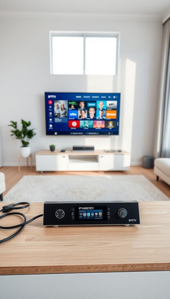 A modern, minimalist IPTV setup in a bright, airy living room. In the foreground, a sleek IPTV panel sits atop a clean, wooden media console, its intuitive interface and IPTVANBIETERTV logo clearly visible. Surrounding it, a tidy arrangement of cables and peripherals, expertly concealed for a clutter-free look. The middle ground features a large, high-definition television mounted on the wall, its screen displaying a vibrant, easy-to-navigate IPTV menu. In the background, floor-to-ceiling windows flood the space with natural light, creating a sense of openness and simplicity. The overall atmosphere is one of streamlined efficiency and user-friendly technology.