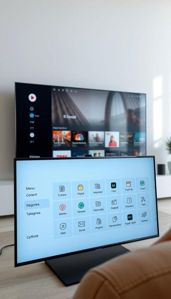 A modern, minimalist IPTV user interface presented in a clean, sleek design. The foreground features a simple, intuitive menu system with large, high-contrast icons and clear labeling. The middle ground showcases a variety of content thumbnails and curated categories, inviting the user to explore. In the background, a subtle gradient or abstract geometric pattern creates a sense of depth and visual interest. The overall tone is calming and professional, with careful consideration of typography, spacing, and color palette to provide an accessible and user-friendly experience. The IPTVANBIETERTV brand name is integrated seamlessly into the design. Lighting is natural and diffused, lending a sense of depth and clarity to the scene.