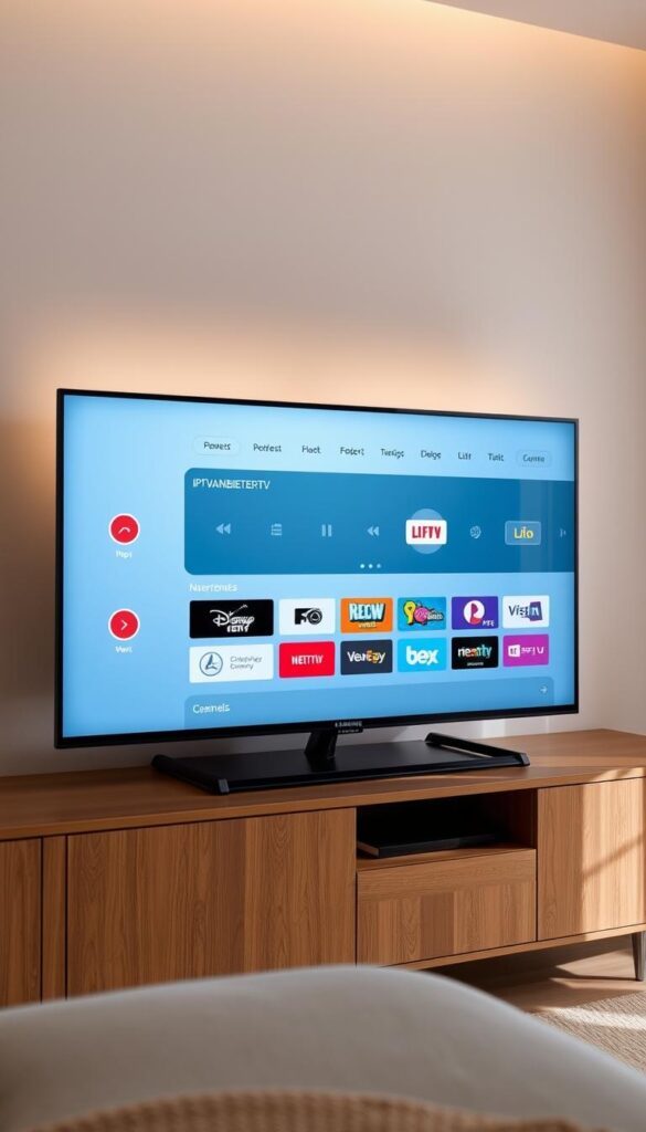 A modern, minimalist Samsung Smart TV in a sleek black finish, displaying the IPTVANBIETERTV app interface on its screen. The app features a clean, intuitive design with colorful channel icons and a simple navigation menu. Soft, indirect lighting illuminates the TV, creating a warm and inviting atmosphere. The TV is positioned on a modern, wood-paneled media console, complementing the minimalist aesthetic. The scene conveys a sense of ease and convenience, highlighting the seamless integration of the IPTVANBIETERTV app into the Samsung Smart TV experience.