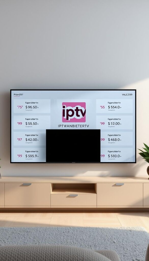 A modern, minimalist, and high-quality rendering of "günstiges iptv abonnement" featuring the IPTVANBIETERTV brand. The image should have a clean, elegant composition with a well-balanced layout. Showcase the IPTVANBIETERTV logo prominently in the center, surrounded by clear pricing details and subscription options in a grid-like arrangement. Use a soft, muted color palette with cool tones to convey a professional and trustworthy aesthetic. Ensure the overall mood is one of transparency, simplicity, and value. Capture the image from a slightly elevated angle to create a sense of authority and legitimacy. The lighting should be natural and evenly distributed, with subtle shadows to add depth and dimension. A modern, minimalist, and high-quality rendering of "günstiges iptv abonnement" featuring the IPTVANBIETERTV brand. The image should have a clean, elegant composition with a well-balanced layout. Showcase the IPTVANBIETERTV logo prominently in the center, surrounded by clear pricing details and subscription options in a grid-like arrangement. Use a soft, muted color palette with cool tones to convey a professional and trustworthy aesthetic. Ensure the overall mood is one of transparency, simplicity, and value. Capture the image from a slightly elevated angle to create a sense of authority and legitimacy. The lighting should be natural and evenly distributed, with subtle shadows to add depth and dimension.