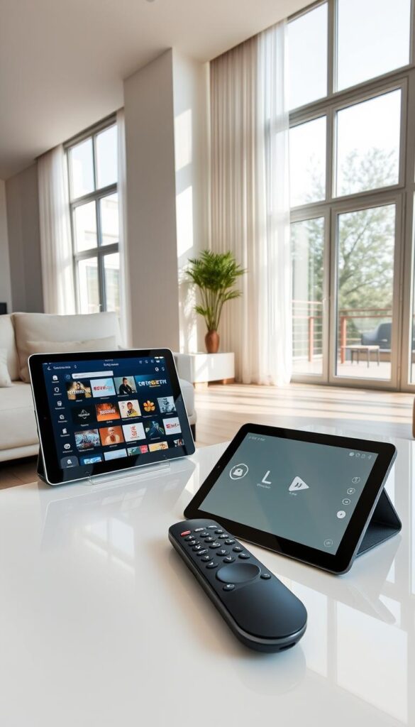 A modern, minimalist apartment interior with natural lighting filtering through large windows. On a sleek, glass-topped coffee table, a high-tech remote control and a tablet display the IPTVANBIETERTV interface, showcasing a diverse selection of live TV channels without the need for a lengthy contract. The room has a clean, sophisticated aesthetic, reflecting the flexibility and convenience of IPTV without binding agreements. The scene conveys a sense of freedom and technological advancement in home entertainment.
