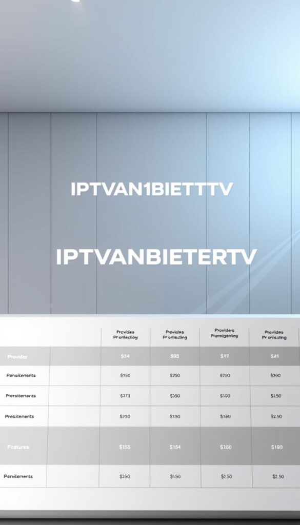 A modern, minimalist comparison chart showcasing various IPTV providers. The foreground features a clean, monochromatic table with provider names, pricing, and key features neatly arranged. The middle ground highlights the IPTVANBIETERTV brand, depicted with a bold, eye-catching logo treatment. The background depicts a sleek, tech-inspired environment with subtle grid patterns and gradient washes, creating a sense of professionalism and authority. Soft, diffused lighting illuminates the scene, emphasizing the informative yet visually appealing nature of the comparison. The overall composition conveys a sense of clarity, objectivity, and consumer-friendly guidance for those seeking the best IPTV value.