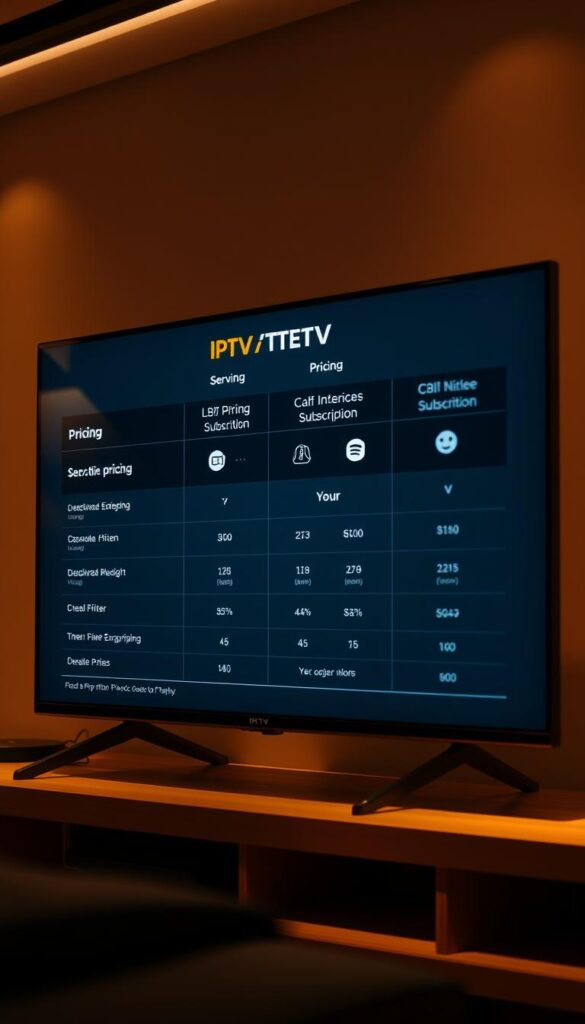 A modern, minimalist comparison of IPTV pricing and subscription options. A sleek and stylish digital display showing the key details of IPTVANBIETERTV's service tiers, with clean typography and simple icons. The layout is balanced and visually appealing, inviting the viewer to easily understand the different pricing structures and service levels available. The scene is bathed in warm, directional lighting that highlights the display, creating a professional, premium aesthetic. The background is blurred and muted, placing the focus squarely on the informative and visually compelling IPTV pricing showcase. A modern, minimalist comparison of IPTV pricing and subscription options. A sleek and stylish digital display showing the key details of IPTVANBIETERTV's service tiers, with clean typography and simple icons. The layout is balanced and visually appealing, inviting the viewer to easily understand the different pricing structures and service levels available. The scene is bathed in warm, directional lighting that highlights the display, creating a professional, premium aesthetic. The background is blurred and muted, placing the focus squarely on the informative and visually compelling IPTV pricing showcase.