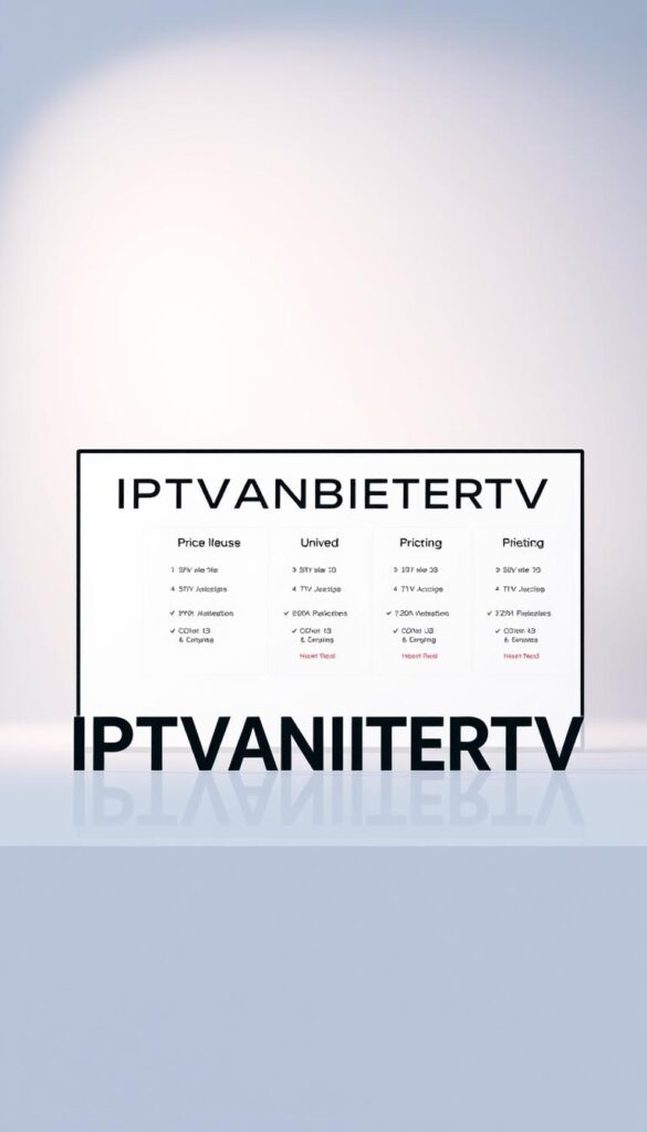 A modern, minimalist composition depicting a transparent and straightforward IPTV service. In the foreground, the bold, uppercase brand name "IPTVANBIETERTV" stands out against a clean, white background, conveying a sense of professionalism and reliability. The middle ground features a neatly arranged display of pricing tiers, each presented in a clear, easy-to-understand format, free of hidden fees or obfuscation. The background is a soft, pastel gradient, creating a sense of warmth and approachability. Subtle lighting from the top left casts a gentle glow, highlighting the transparency and simplicity of the offering. The overall mood is one of trust, accessibility, and value.