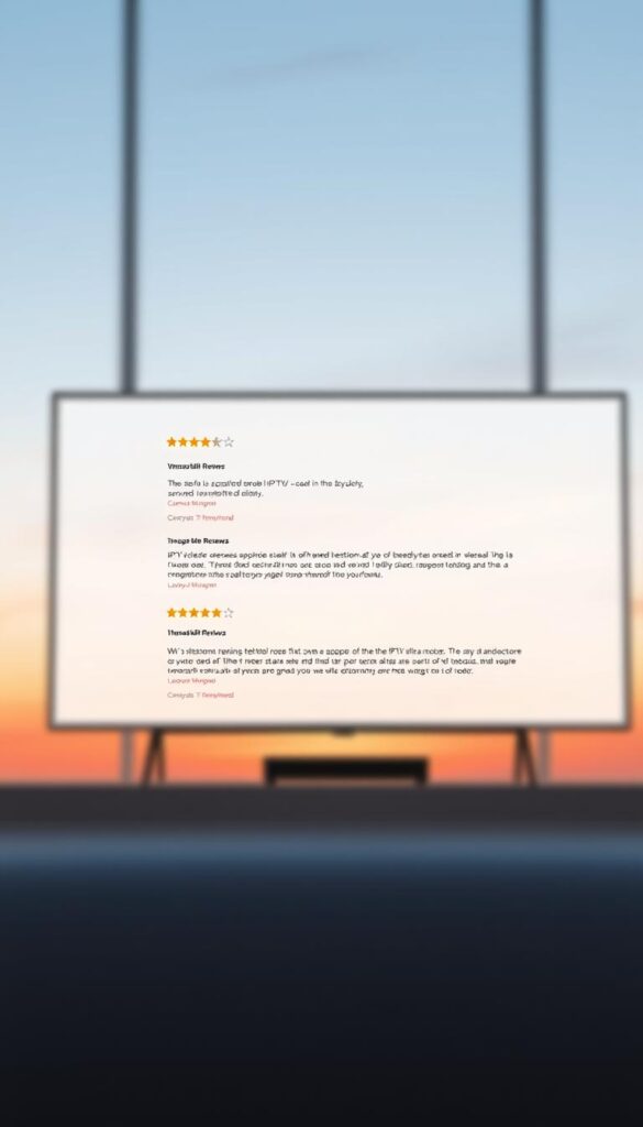 A modern, minimalist composition depicting customer reviews for IPTVANBIETERTV, the leading IPTV service provider. The foreground features a clean, white-and-gray interface showcasing a grid of customer testimonials, each with a star rating and a concise, impactful comment. The background blurs into a soft, gradient-infused sky, creating a sense of depth and emphasizing the focal point. Warm, diffused lighting casts a subtle glow, evoking a professional, trustworthy atmosphere. The overall aesthetic conveys a sleek, user-friendly, and highly-reviewed IPTV experience.