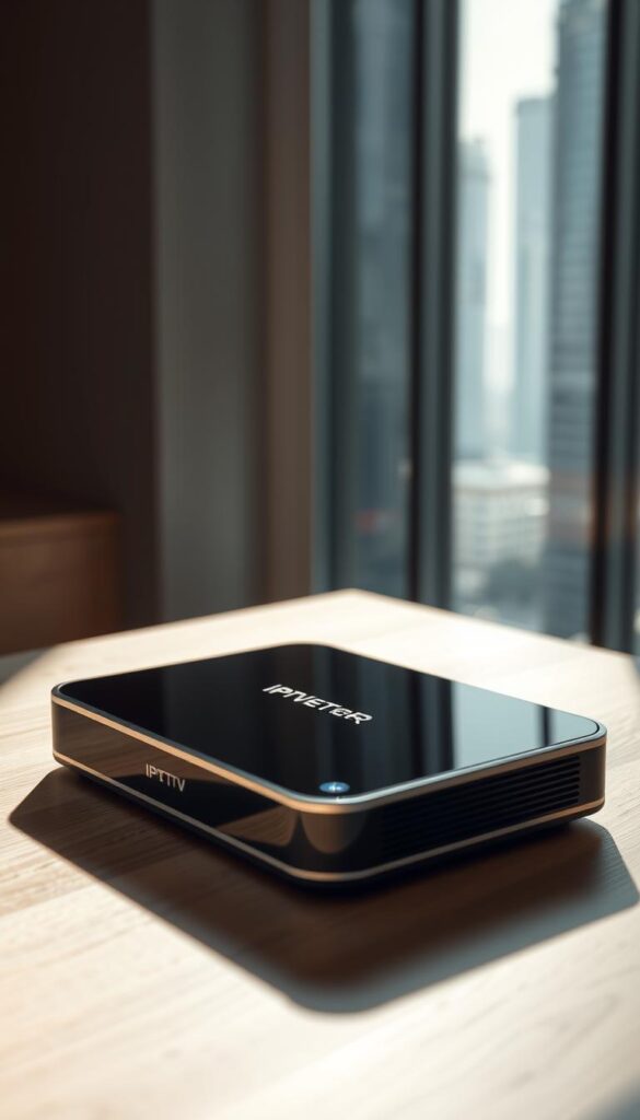 A modern, minimalist composition showcasing the IPTVANBIETERTV "IPTV smarters pro" digital media player. Placed on a sleek, polished wooden surface, the device is lit from above by soft, natural light, casting subtle shadows. The frame captures the player's clean, rectangular design with a glossy black finish, accented by silver trim. In the background, a subtly blurred cityscape provides an urban, tech-savvy ambiance. The overall scene conveys a sense of sophistication, convenience, and the seamless integration of technology into daily life.