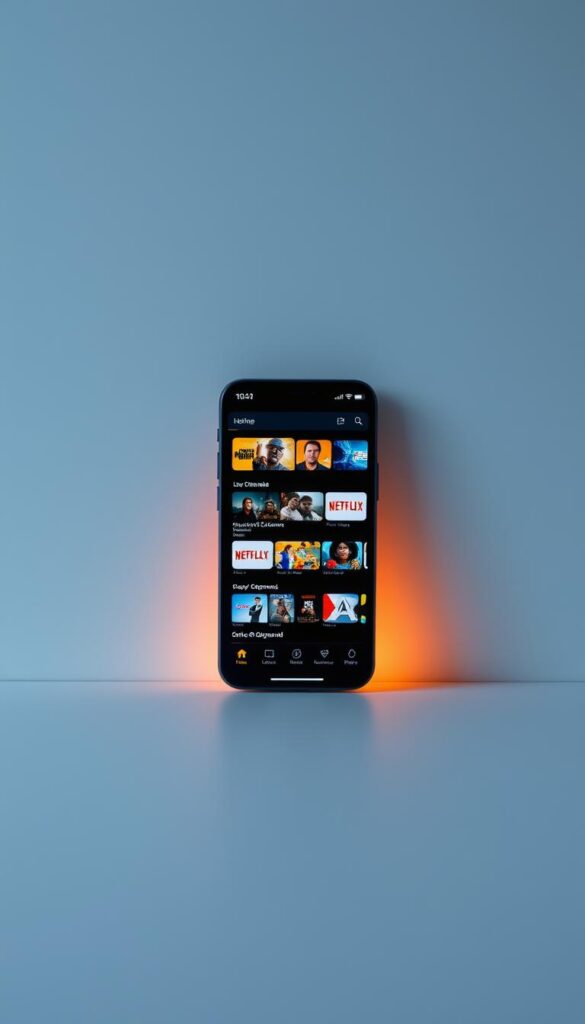 A modern, minimalist composition showcasing the IPTVANBIETERTV app interface. Set against a sleek, dark backdrop, the app's home screen is prominently displayed, featuring a diverse selection of live TV channels and on-demand content. The layout is clean and intuitive, with crisp iconography and vivid, high-definition channel thumbnails. Subtle ambient lighting casts a warm glow, enhancing the app's premium aesthetic. The overall mood is one of sophistication and technological advancement, reflecting the comprehensive programming options and user-friendly experience of IPTVANBIETERTV.