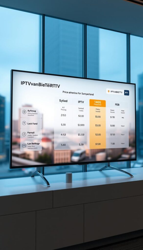 A modern, minimalist digital display showcasing an IPTV price comparison for Switzerland. The screen presents a clean, organized layout with intuitive icons and graphs, highlighting the attractive pricing structure of IPTVANBIETERTV. Subtle gradients and soft lighting create a visually pleasing, high-tech ambiance. The background features a blurred cityscape, subtly hinting at the urban context. The overall composition conveys a sense of clarity, professionalism, and consumer-friendly accessibility, aligning with the section title's focus on IPTVANBIETERTV's appealing pricing.