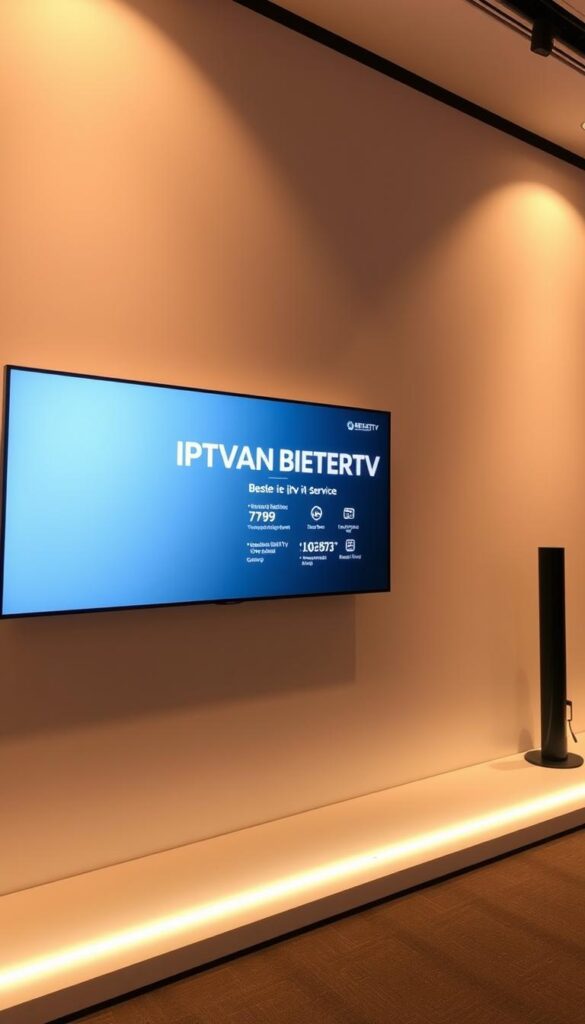 A modern, minimalist digital display showcasing the IPTVANBIETERTV brand and service details. In the center, a sleek, high-resolution screen presents an elegant user interface with clean typography and icons, highlighting the "beste iptv server" offering. The background features a subtle gradient or geometric pattern, creating a professional, technology-driven atmosphere. Warm, indirect lighting illuminates the scene, emphasizing the premium quality and reliability of the IPTVANBIETERTV platform. The overall composition conveys a sense of simplicity, sophistication, and confidence in the product's value proposition.