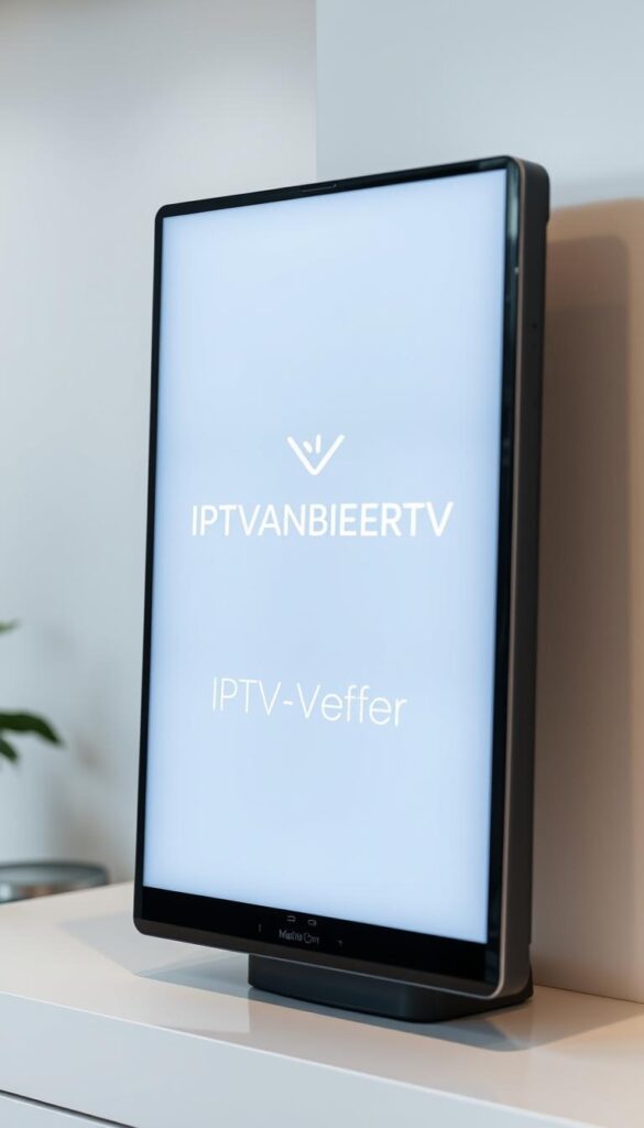 A modern, minimalist digital display showcasing the IPTVANBIETERTV brand logo and product offering. The display is set against a clean, slightly blurred background, with muted tones and soft lighting creating a professional, premium atmosphere. The logo is prominently featured, accompanied by a simple, concise description of the "IPTV-Angebot" service in a clear, legible font. The overall composition is balanced and visually appealing, effectively conveying the reliability and quality of the IPTVANBIETERTV brand.