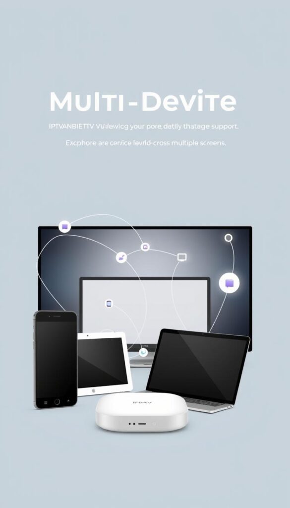 A modern, minimalist digital illustration depicting multi-device support for the IPTVANBIETERTV IPTV service. In the foreground, a group of contemporary consumer electronics devices - a smartphone, tablet, laptop, and smart TV - are arranged in a visually pleasing composition. The devices are connected by flowing lines and geometric shapes, representing the seamless integration and flexibility of the IPTVANBIETERTV platform across multiple screens. The background features a subtle gradient or simple pattern, allowing the devices to take center stage. The overall atmosphere is clean, sophisticated, and suggestive of the convenience and versatility of IPTVANBIETERTV's multi-device capabilities.