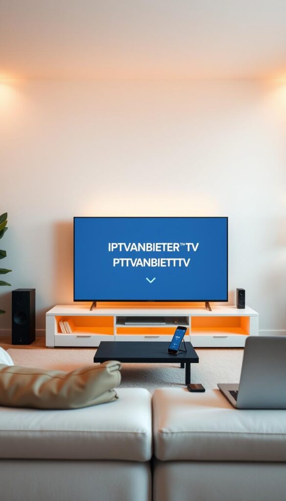 A modern, minimalist digital living room with various electronic devices seamlessly connected. In the center, a sleek smart TV displays the IPTVANBIETERTV logo, surrounded by a tablet, smartphone, and laptop. Warm, soft lighting illuminates the space, creating a cozy and inviting atmosphere. The devices are arranged in a harmonious, balanced composition, reflecting the ease of using IPTVANBIETERTV's multidevice support. The background features neutral tones and clean lines, emphasizing the technological integration and simplicity of the scene.