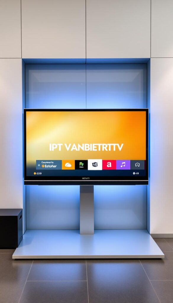 A modern, minimalist digital television display showcasing the IPTVANBIETERTV brand, set against a sleek, high-tech backdrop. The screen displays a vibrant, interactive user interface with clean typography and intuitive controls, hinting at the seamless IPTV experience. The overall scene conveys a sense of advanced technology, convenience, and entertainment, reflecting the growing popularity of IPTV in Germany.