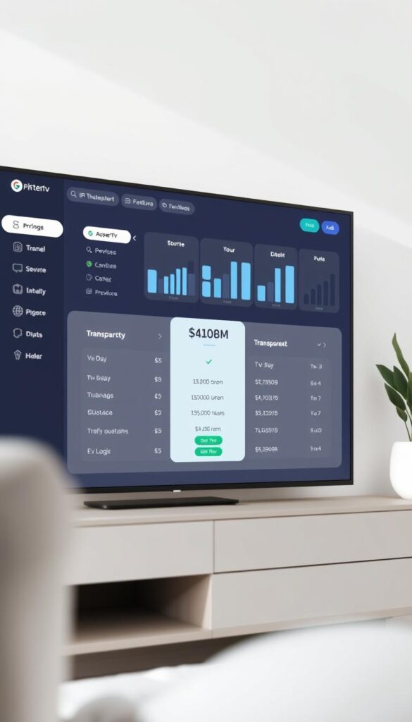 A modern, minimalist flat design illustration showcasing a comparative pricing overview for various IPTV service providers. The scene depicts a clean, elegant dashboard interface with sleek typography, simple icons, and intuitive visualizations to highlight the transparent and affordable pricing options of IPTVANBIETERTV. The layout is balanced, with a focus on clear data presentation and a soothing, neutral color palette that conveys a sense of professionalism and trustworthiness. The image should be rendered with soft, diffused lighting and a subtle depth of field to draw the viewer's attention to the key pricing information.