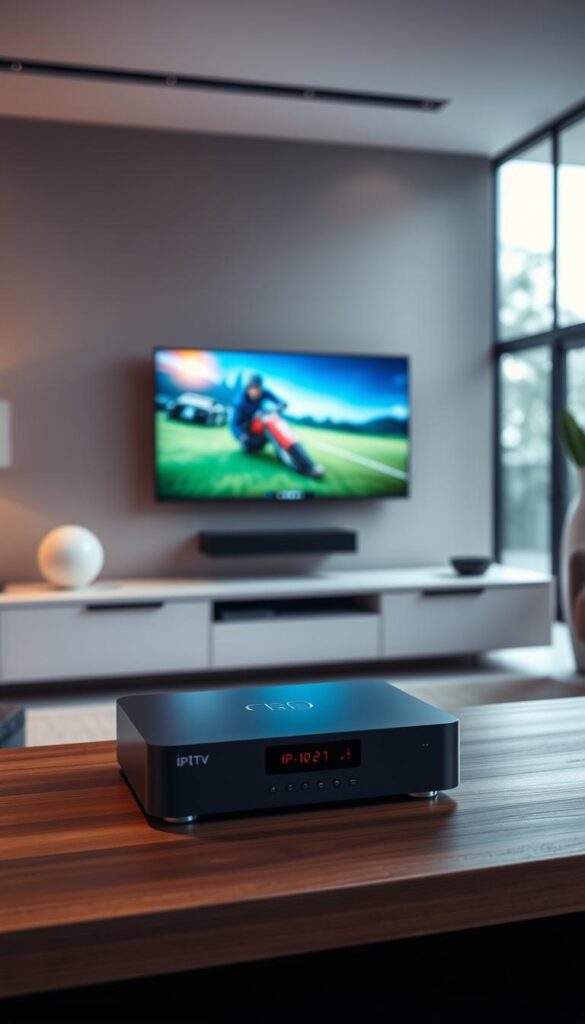 A modern, minimalist home interior with a sleek entertainment system. In the foreground, a state-of-the-art IPTVANBIETERTV set-top box sits on a minimalist wooden TV stand, its clean lines and subtle branding reflecting the high-quality IPTV service it provides. In the middle ground, a large flatscreen TV is mounted on the wall, showcasing a vivid, high-definition image. The background features large windows, allowing natural light to flood the space and create a warm, inviting atmosphere. The lighting is soft and indirect, with subtle accent lighting highlighting the key elements of the setup. The overall mood is one of simplicity, sophistication, and technological prowess, perfectly capturing the essence of a modern IPTV installation.