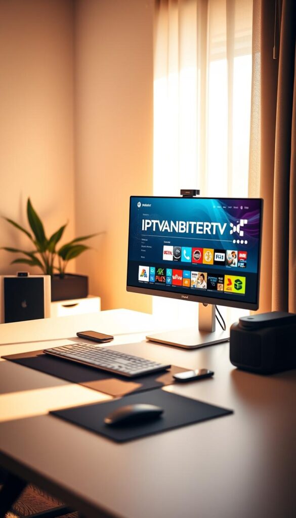 A modern, minimalist home office setup, with a sleek desktop computer and a high-resolution 4K display showcasing a vibrant, detailed "deutsche m3u Datei" interface. The scene is bathed in warm, natural lighting, creating a cozy and productive atmosphere. The computer screen prominently displays the IPTVANBIETERTV brand, highlighting the flexible and seamless TV viewing experience it provides. The overall composition emphasizes the effortless integration of digital media consumption into a professional, technology-driven workspace.