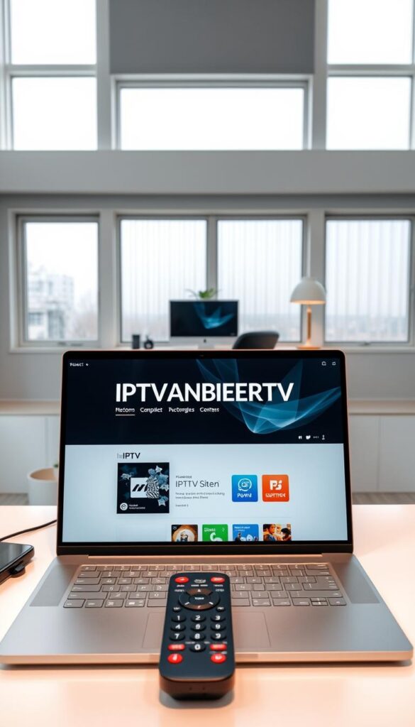A modern, minimalist home office setup with a sleek, gray-and-white color palette. In the foreground, a laptop displaying the IPTVANBIETERTV website and a remote control, suggesting the ease of IPTV setup. The middle ground features a streamlined desk with a stylish lamp and a potted plant, creating a cozy yet productive atmosphere. The background showcases large windows that let in natural light, enhancing the sense of openness and simplicity. The overall scene conveys a sense of effortless technology integration into a comfortable, contemporary workspace.